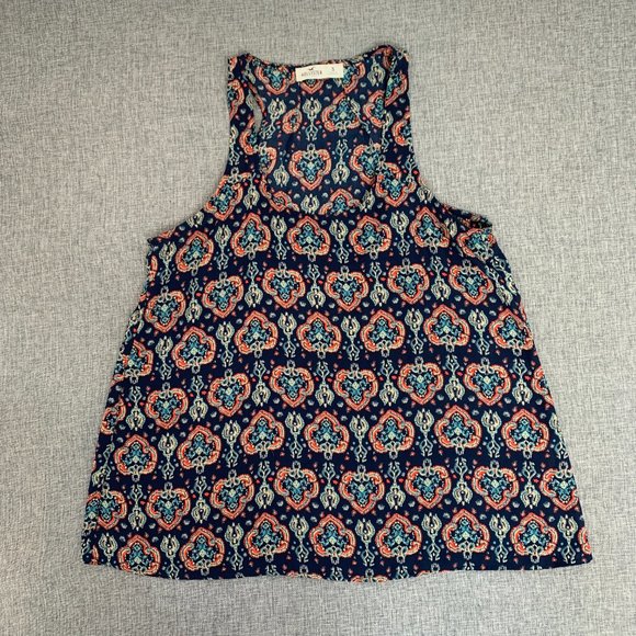Hollister Boho Sleeveless Top Batik‎ Print Small Navy Blue Red Tan  Relaxed Fit - Picture 1 of 10